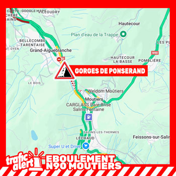 Éboulement sur la N90 au nord de Moutiers